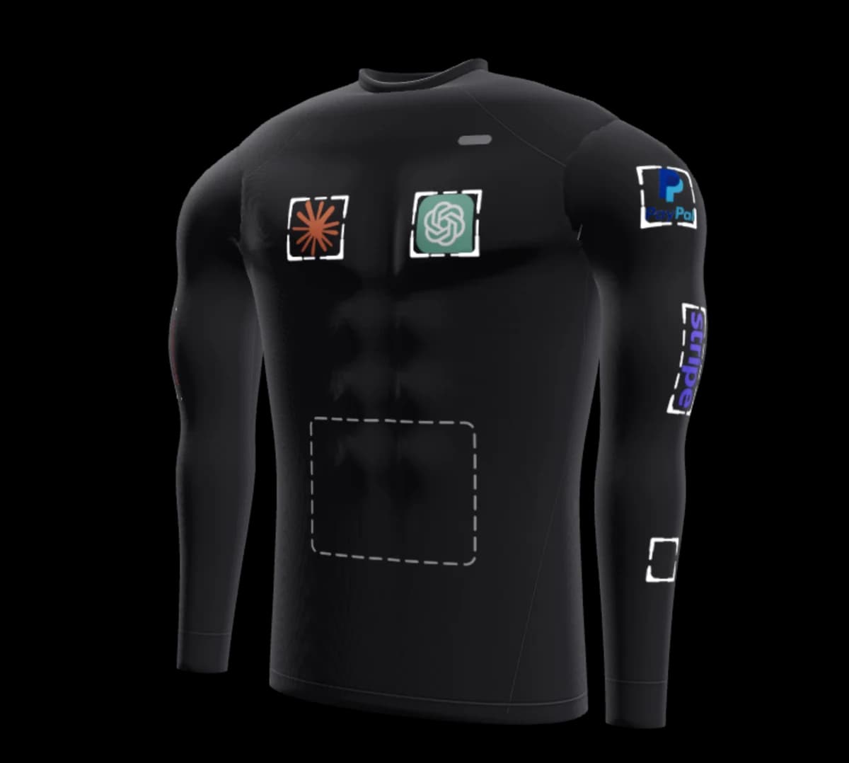 The black long-sleeve running shirt from the front, turned slightly, with its stickers and the outlined sticker spots.